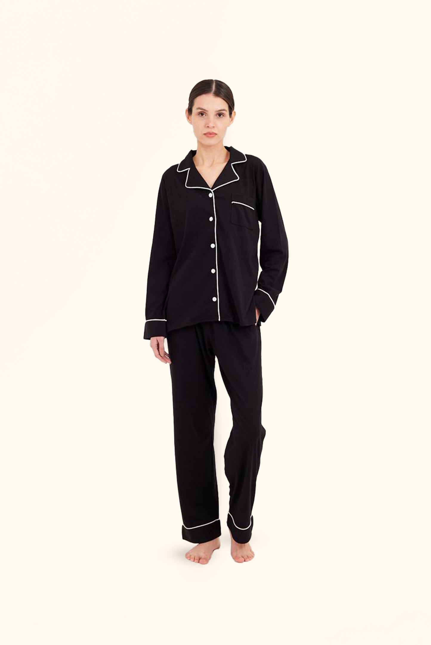 TIA Long PJ Set in Black & OFF White Piping