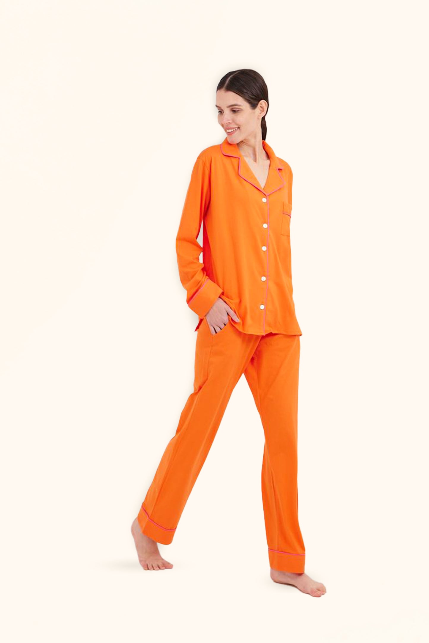 TIA Long PJ Set in Orange & Fuschia Piping.