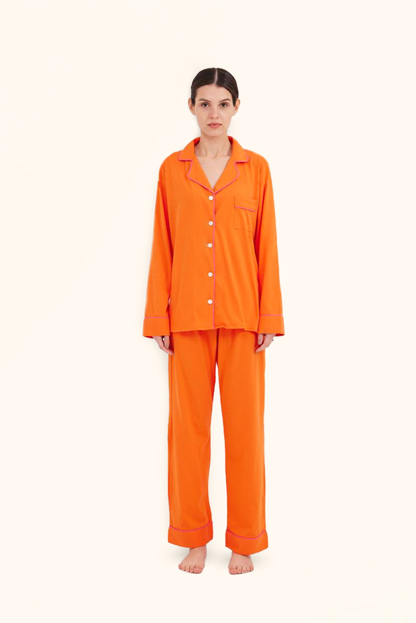 TIA Long PJ Set in Orange & Fuschia Piping.